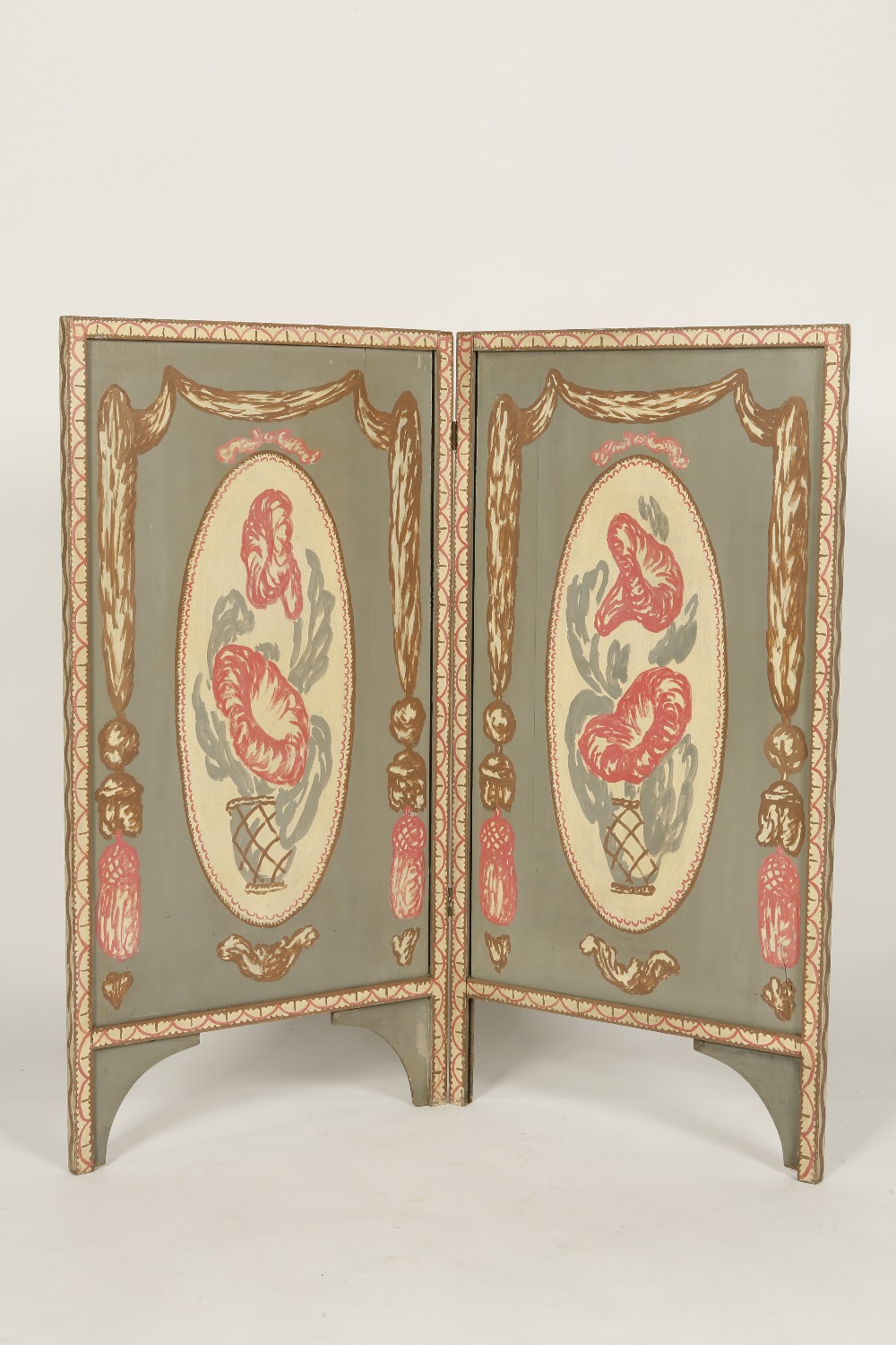 A BLOOMSBURY STYLE TWO-FOLD PAINTED SCREEN, the front decorated with oval panels of flowers in vases