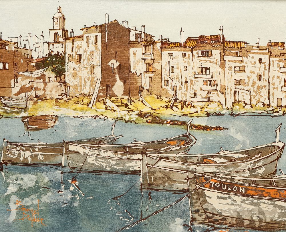 BERNARD DUFOUR (b.1922) A pair of harbour scenes with moored boats, signed, oil on canvas laid on