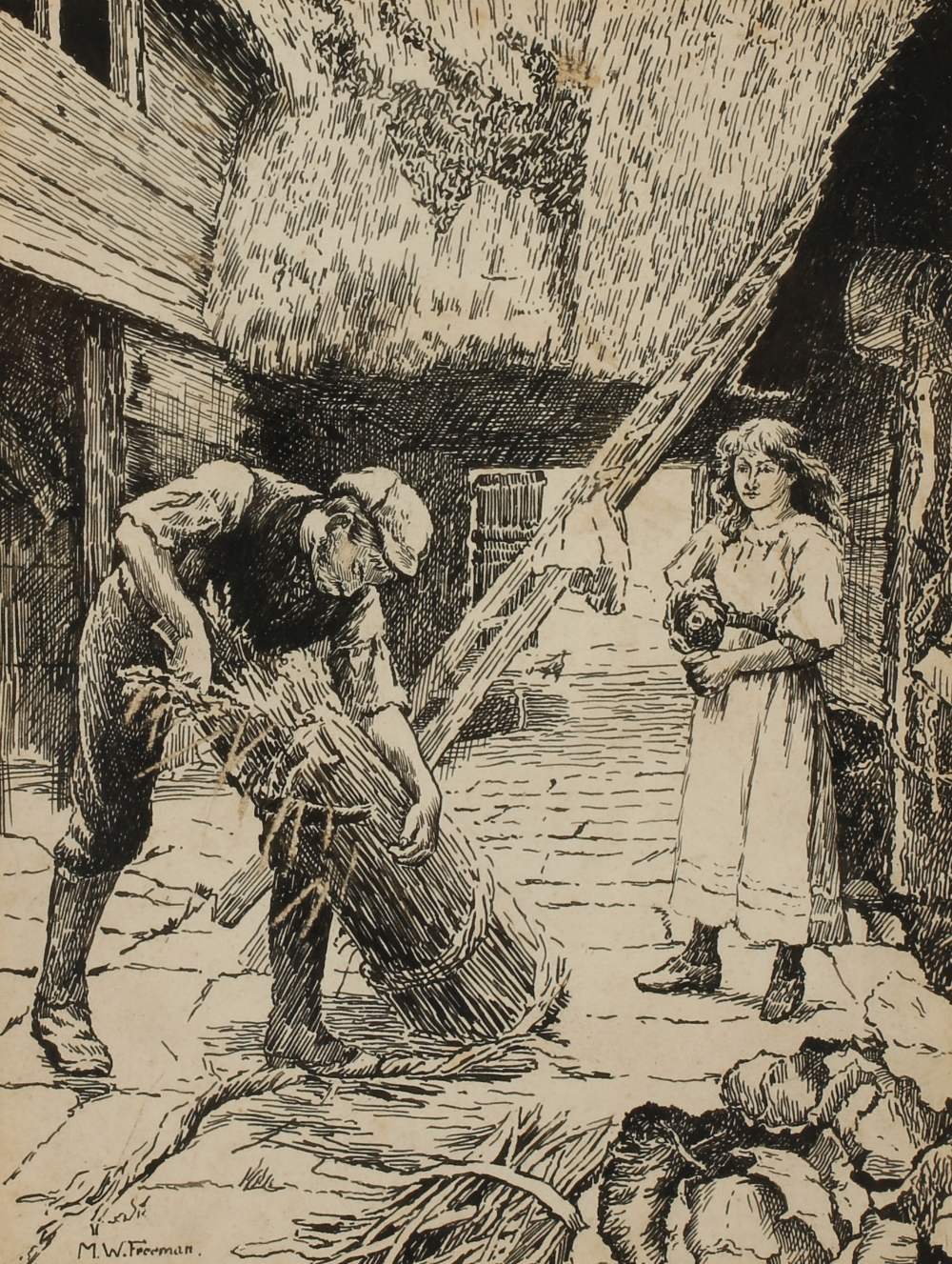 MARY WINEFRIDE FREEMAN (fl. 1886-1904) `The Thatcher`, signed lower left, pen and ink, 8.75" x 6.5"