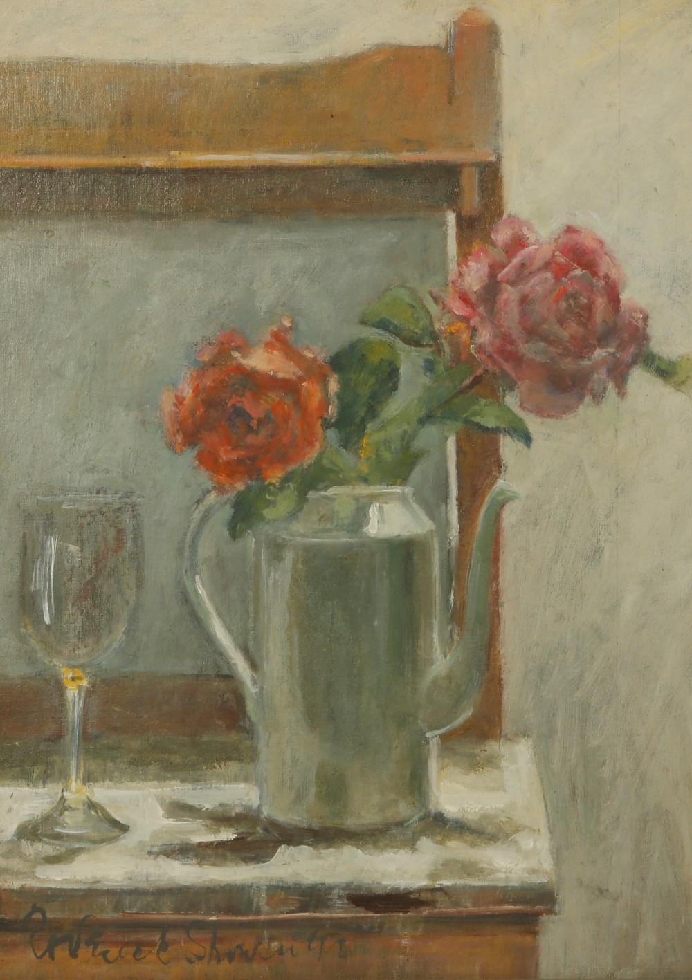 RODERICK SHOWAN, 20th century A still life study of roses in a coffee pot, signed lower left and
