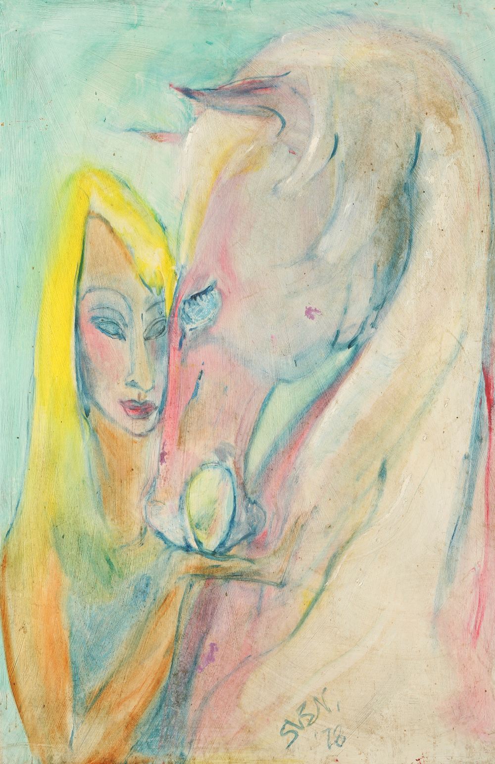 •SVEN BERLIN (1911-2000) Study of a girl with a horse, signed lower right and dated `78, oil on