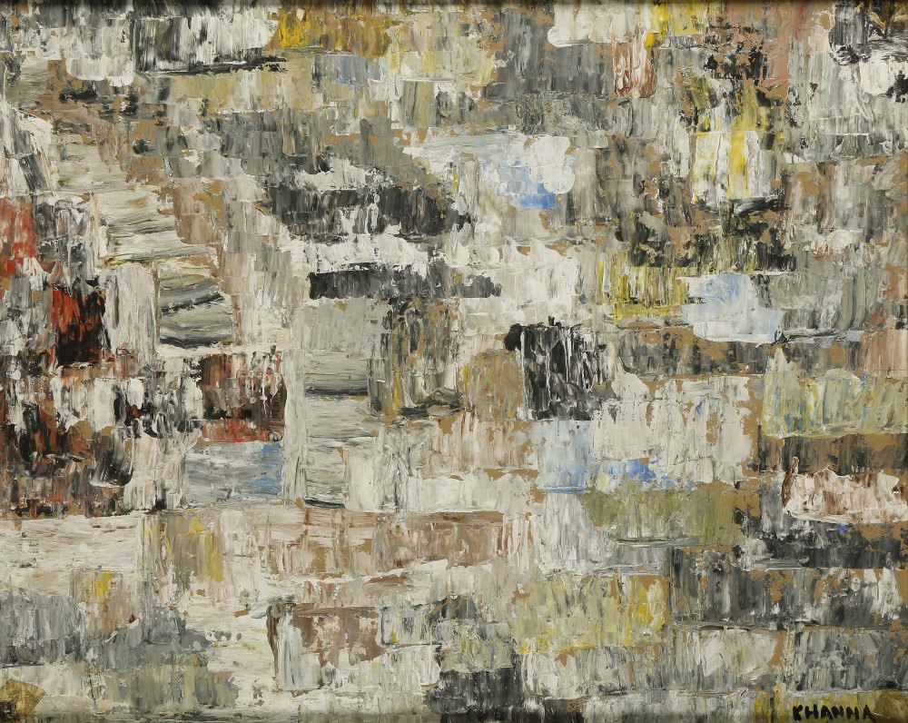 KHANNA (possibly Krishen b. 1925) An abstract study in polychrome, signed lower right, oil on board,