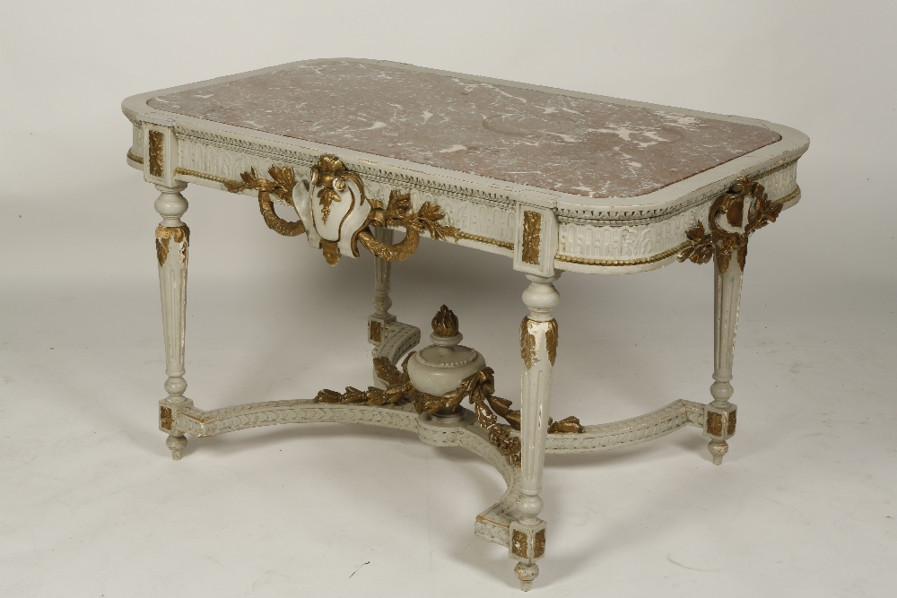 A 19TH CENTURY PAINTED PARCEL GILT AND MARBLE CENTRE TABLE with an inset variegated marble top above