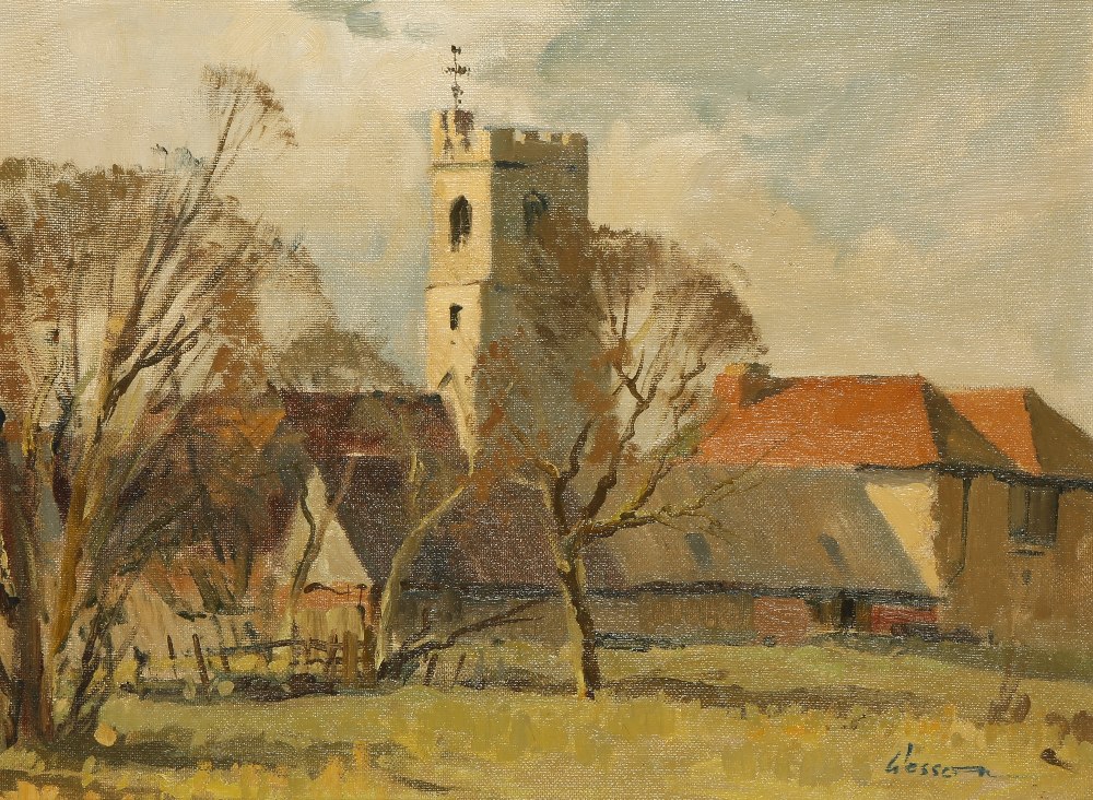 EDWARD WESSON (1910-1983) A village scene with a church and trees, signed lower right, oil on canvas