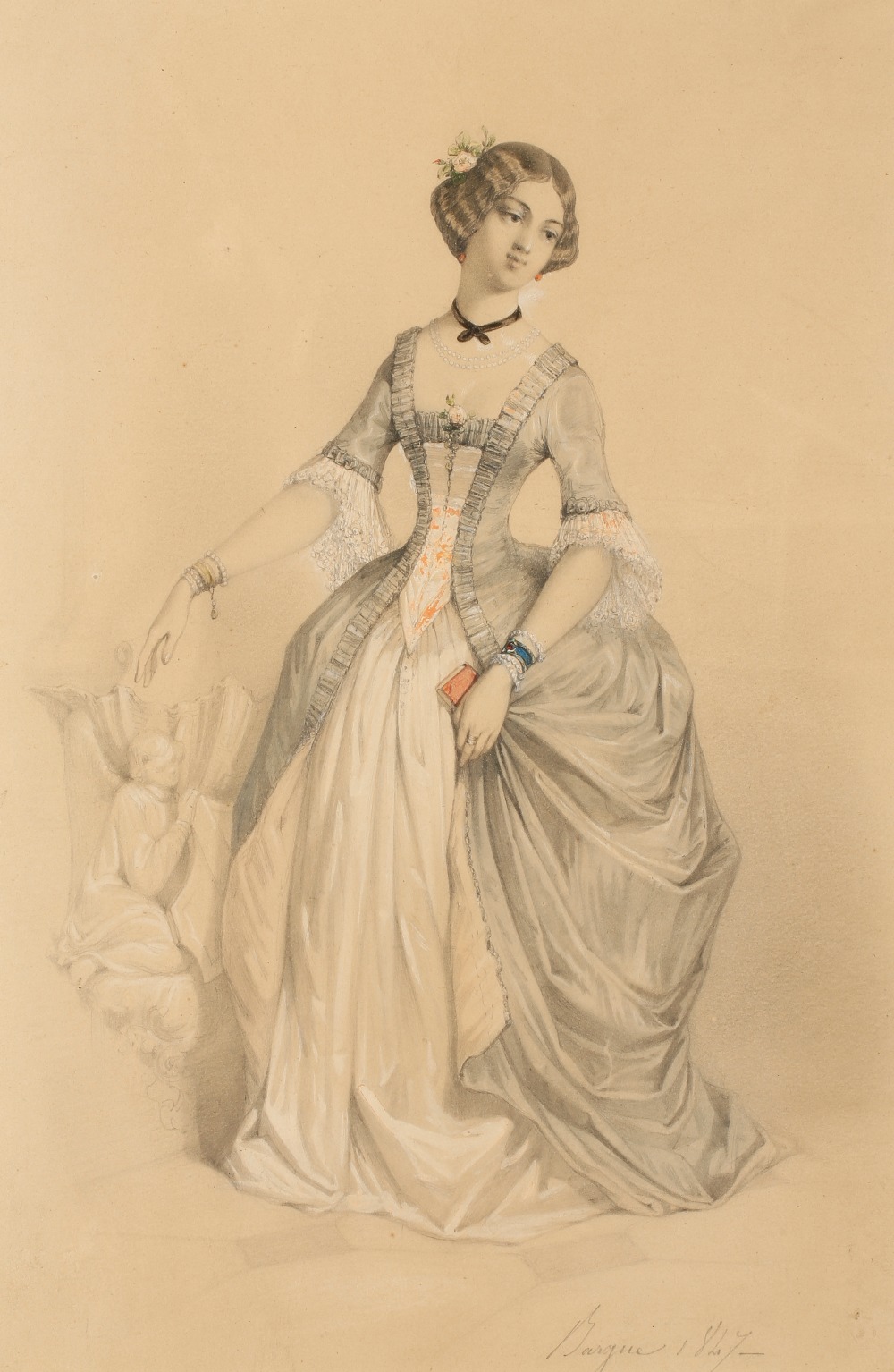 ASCRIBED TO CHARLES BARGUE (1886-1883) Full length portrait of a lady in Victorian dress, possibly a