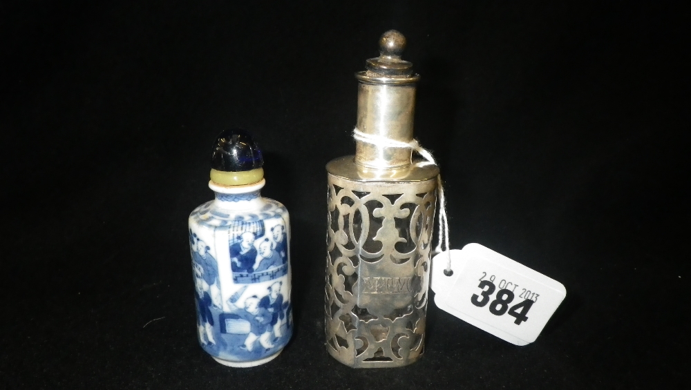 A Chinese blue and white snuff bottle and a similar silver cased scent flask