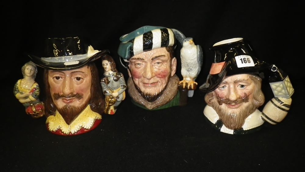 Three Royal Doulton character jugs, `Guy Fawkes`, `The Falconer` and `King Charles I`