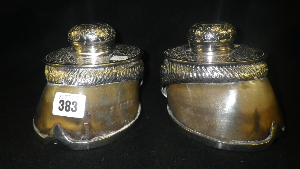 A pair of horses hoof inkwells, with decorative plated mounts