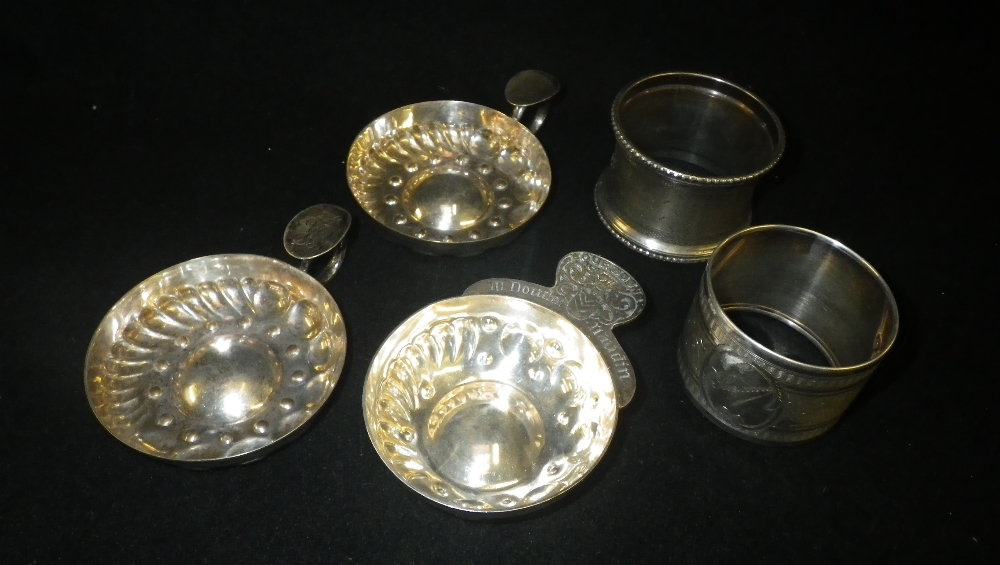 A mixed collection of silver and plated wares including a `taste de vin`