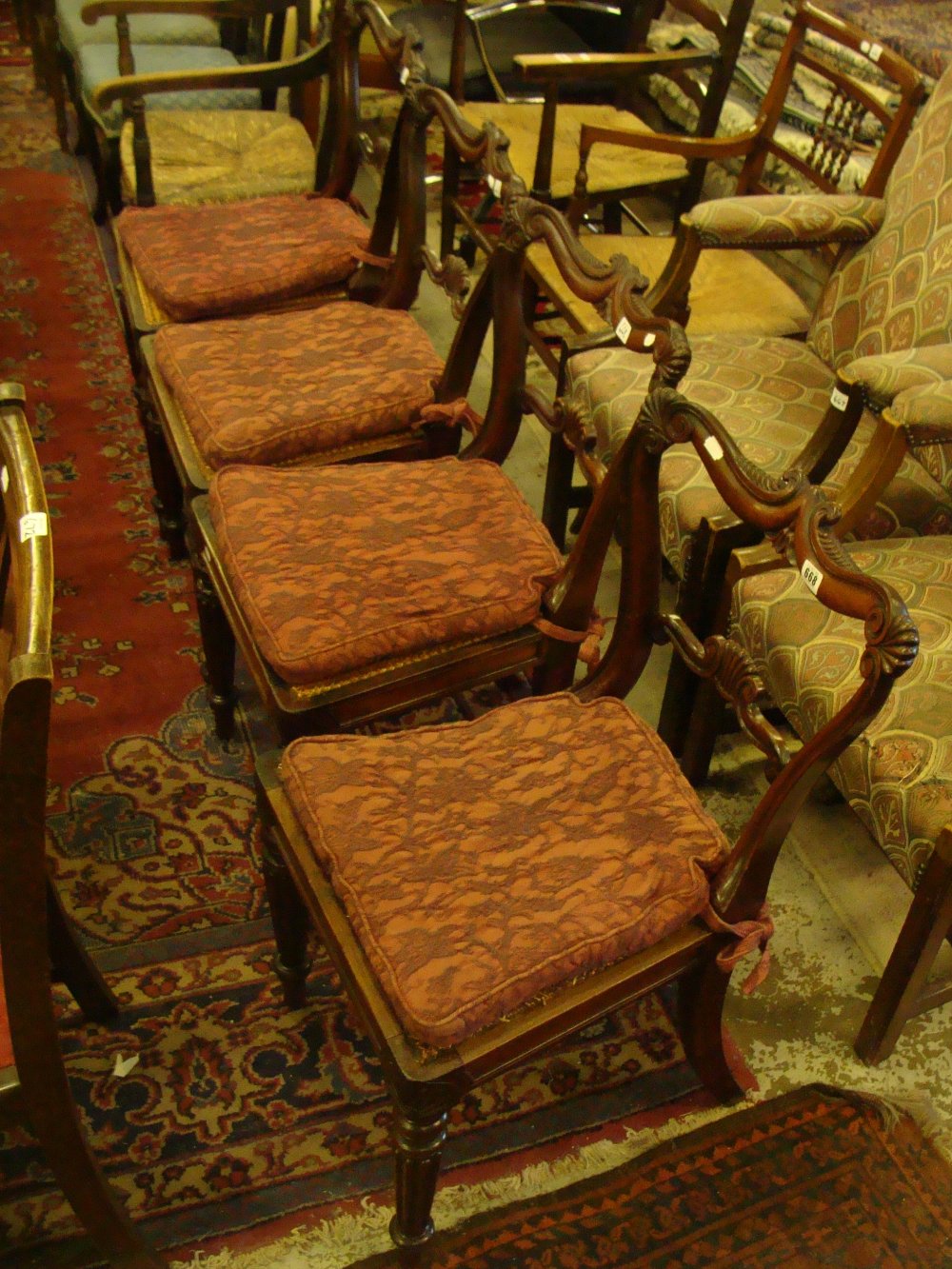 A set of four early Victorian mahogany parlour chairs with carved strolling backs above cane seats