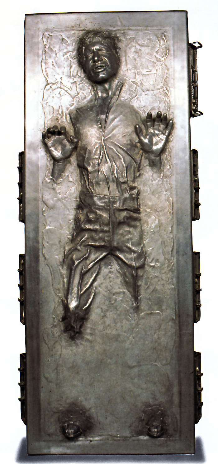 A Life-size figure of Han Solo in carbonite, an Elusive Originals figure created by Mario Chiodo,