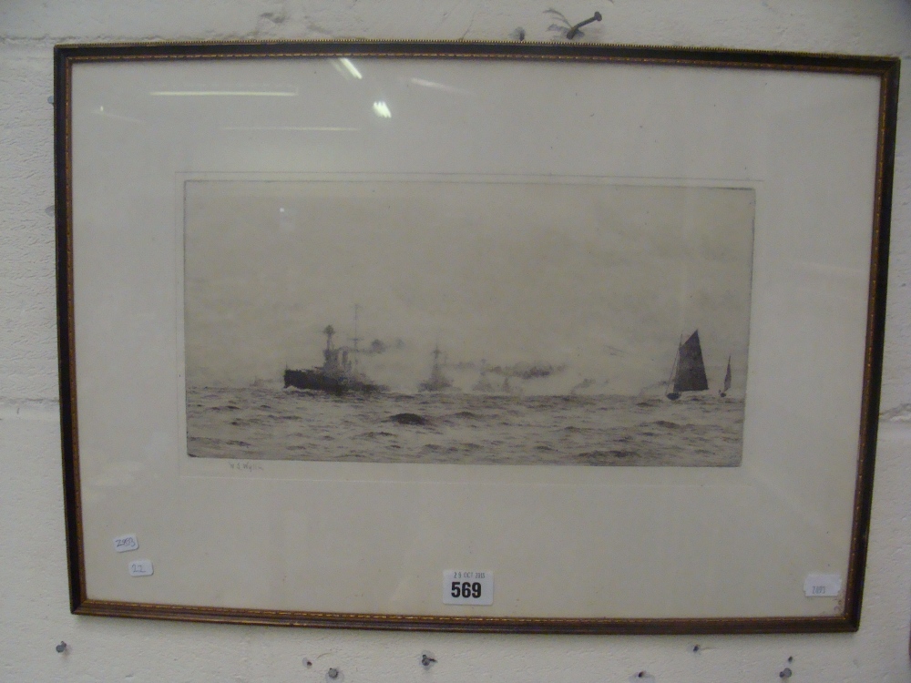 William Lionel Wyllie, 1851-1931: Battleships at sea with an aircraft in the sky, signed to the