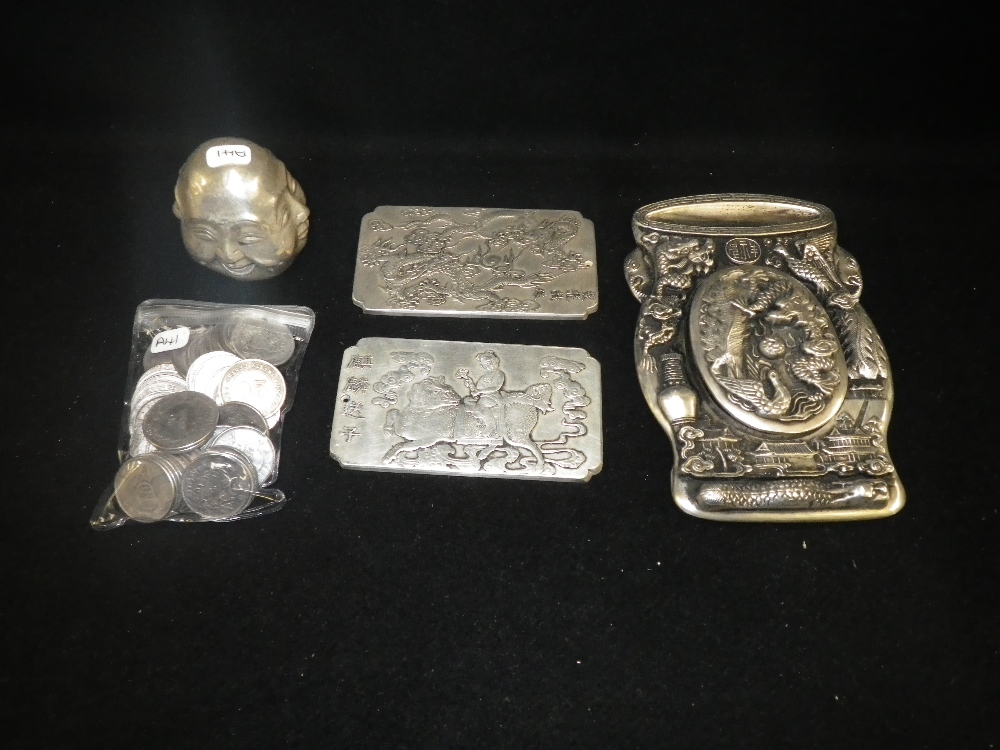 A quantity of white metal Oriental type items including coins and others