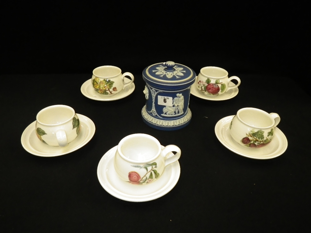 A collection of Portmeirion `Pomona` cups and saucers together with a Wedgwood Jasperware tobacco