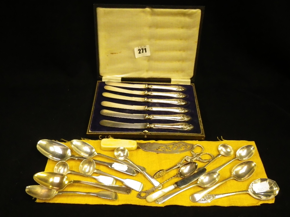 A cased set of six silver handled fruit knives and a quantity of other silver and plated cutlery