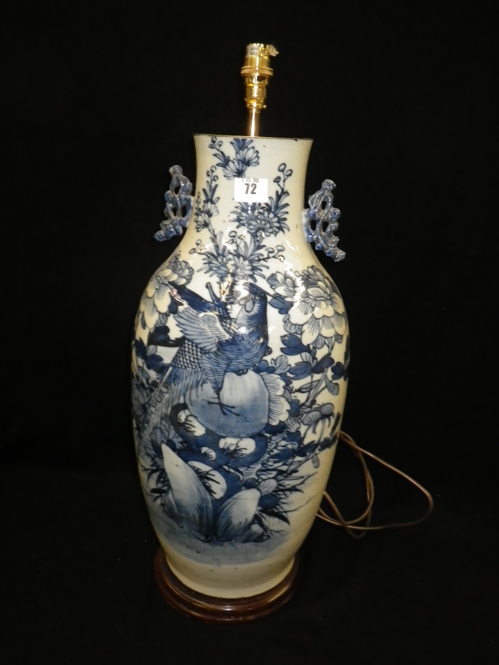 A large Chinese vase with hand painted blue and white decoration, converted to a table lamp