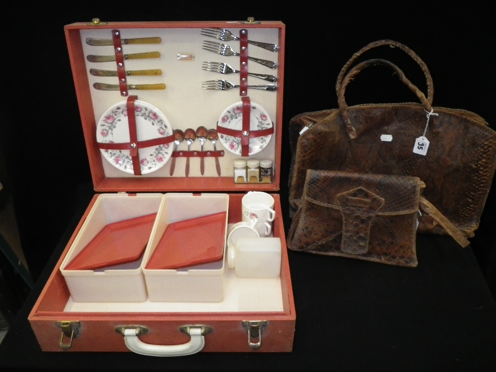 A `Sirram` picnic hamper and two snakeskin bags