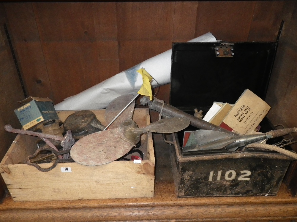 A brass propeller, two wooden pulleys and various items of hardware, (two boxes)