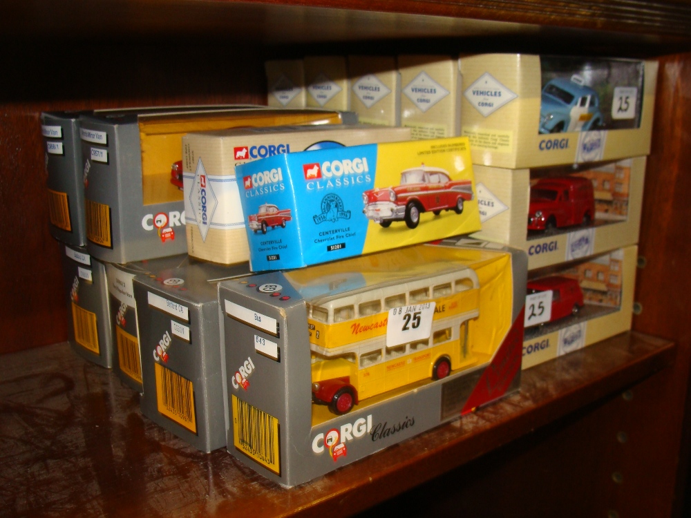 A collection of Corgi Classics buses, vintage vehicles including a Morris Minor saloon in police