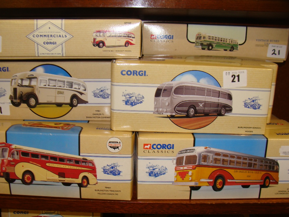 A collection of Corgi Vintage coaches including The Ribble Leyland Tiger and others