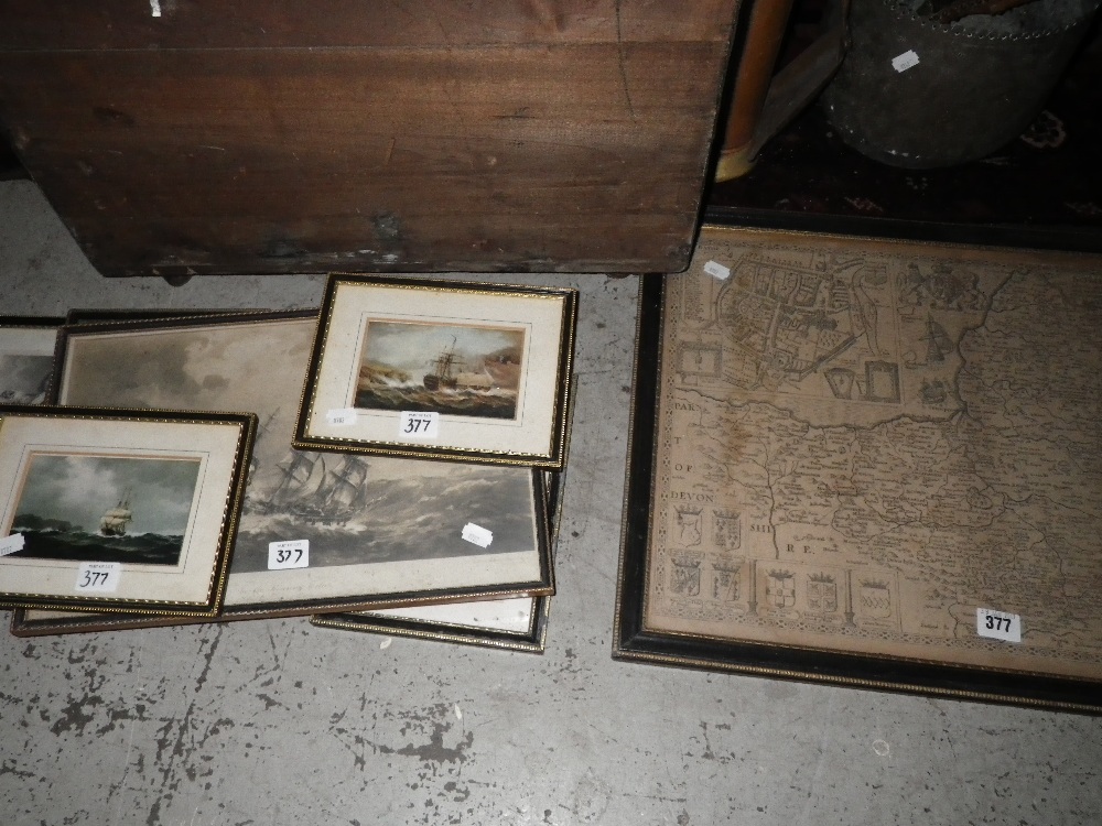 An antiquarian map of Somerset and a collection of prints with a naval theme