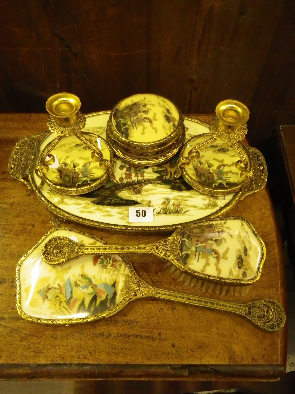 A 1950`s dressing table set with chinoiserie decoration