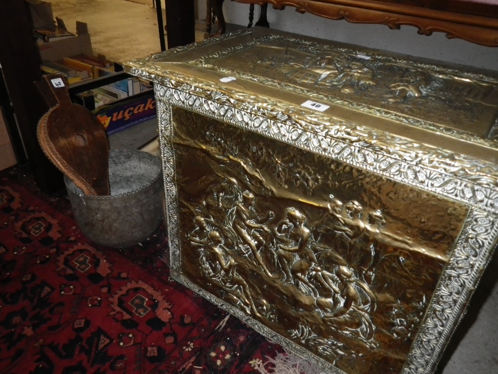 An embossed brass coal box, a jardinière and similar items