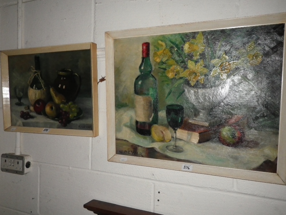 G Dewar: An oil painting depicting fruit and wine and another similar