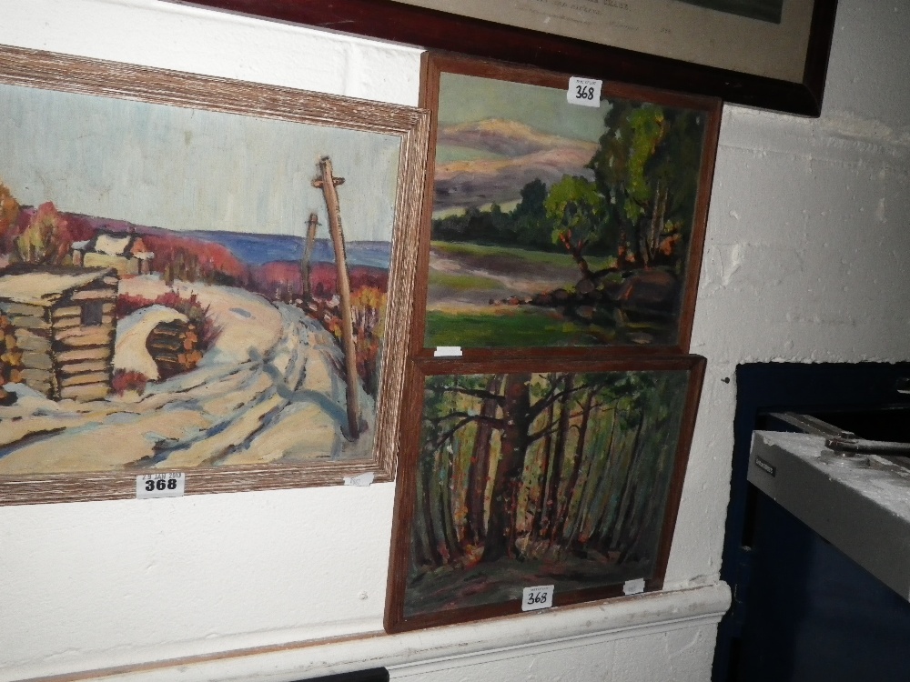 An oil on board of a forest scene and two similar works