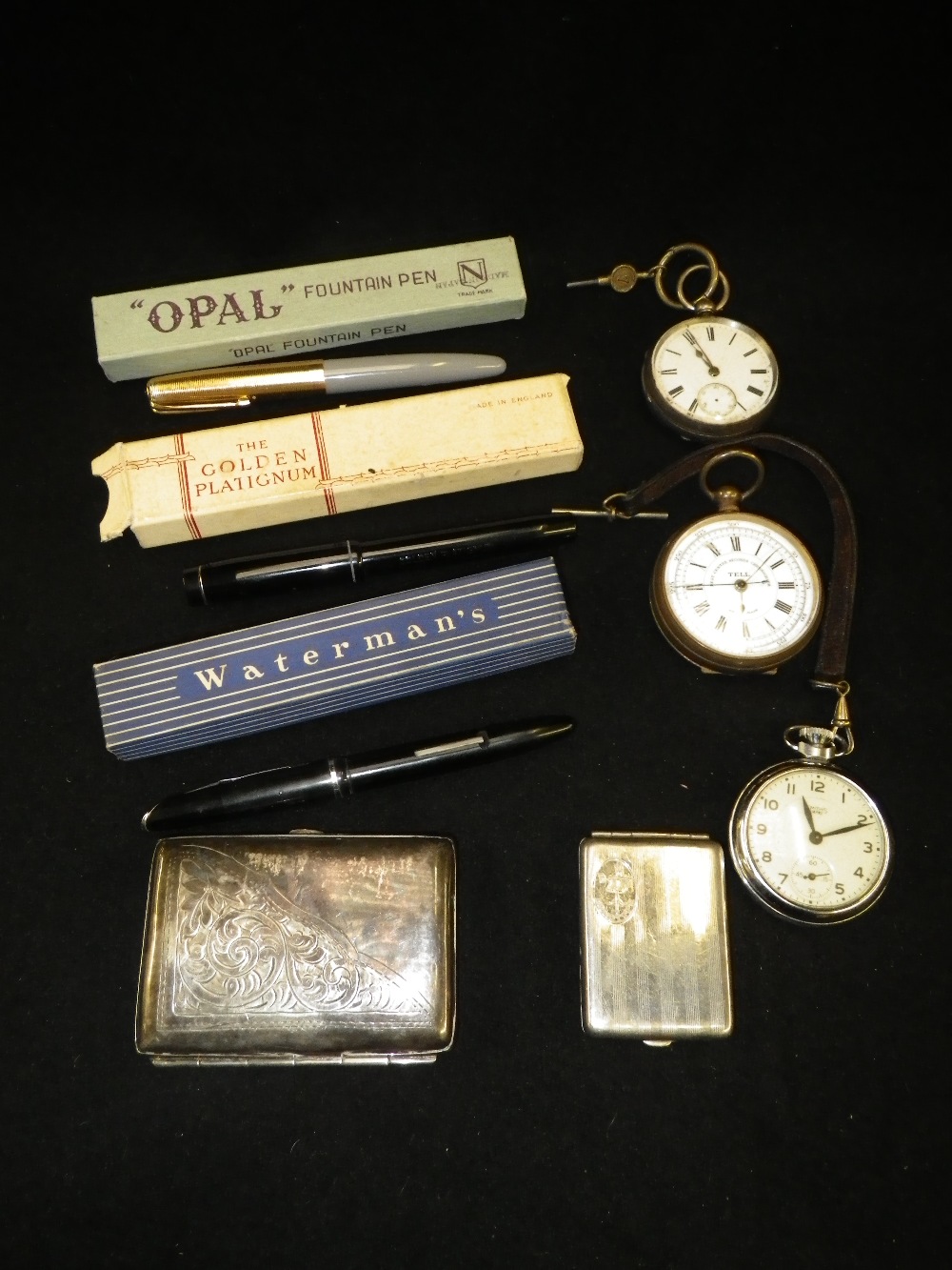 A Tell brass-cased chronograph and other items including watches and pens (a lot)