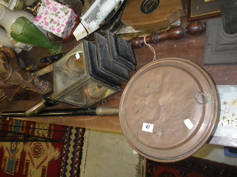 Three warming pans, a carriage lamp and similar items of metalware