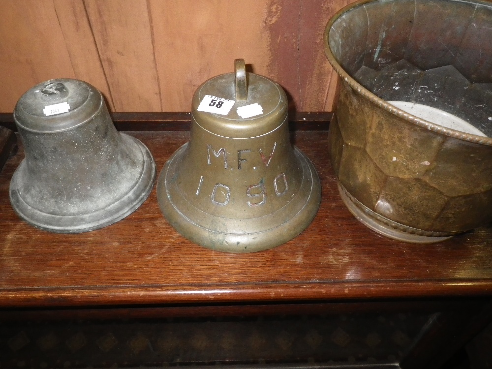 A ship`s bell, inscribed `M.F.V 1090` another similar and a jardinière