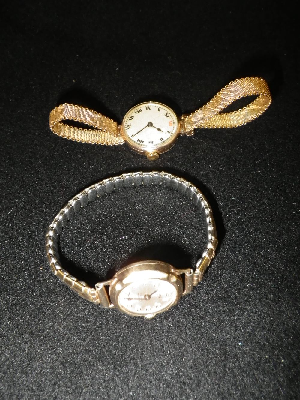 A ladies early 20th century wristwatch with later 9ct yellow gold mesh bracelet, a similar gold