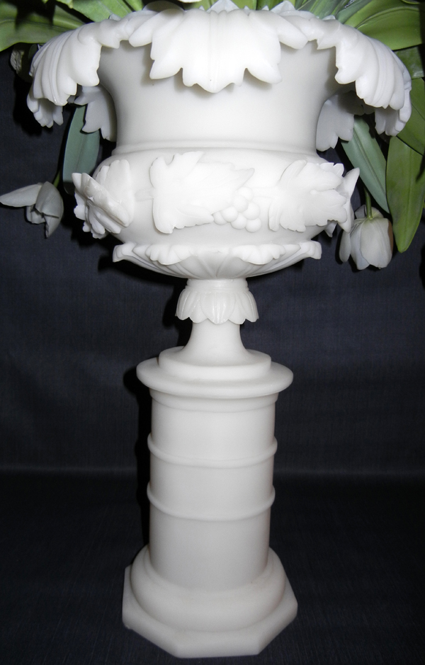 ALABASTER COVERED CENTERPIECE VASE, H 20", DIA 10": Cylindrical base. Top has leaves and grapes.