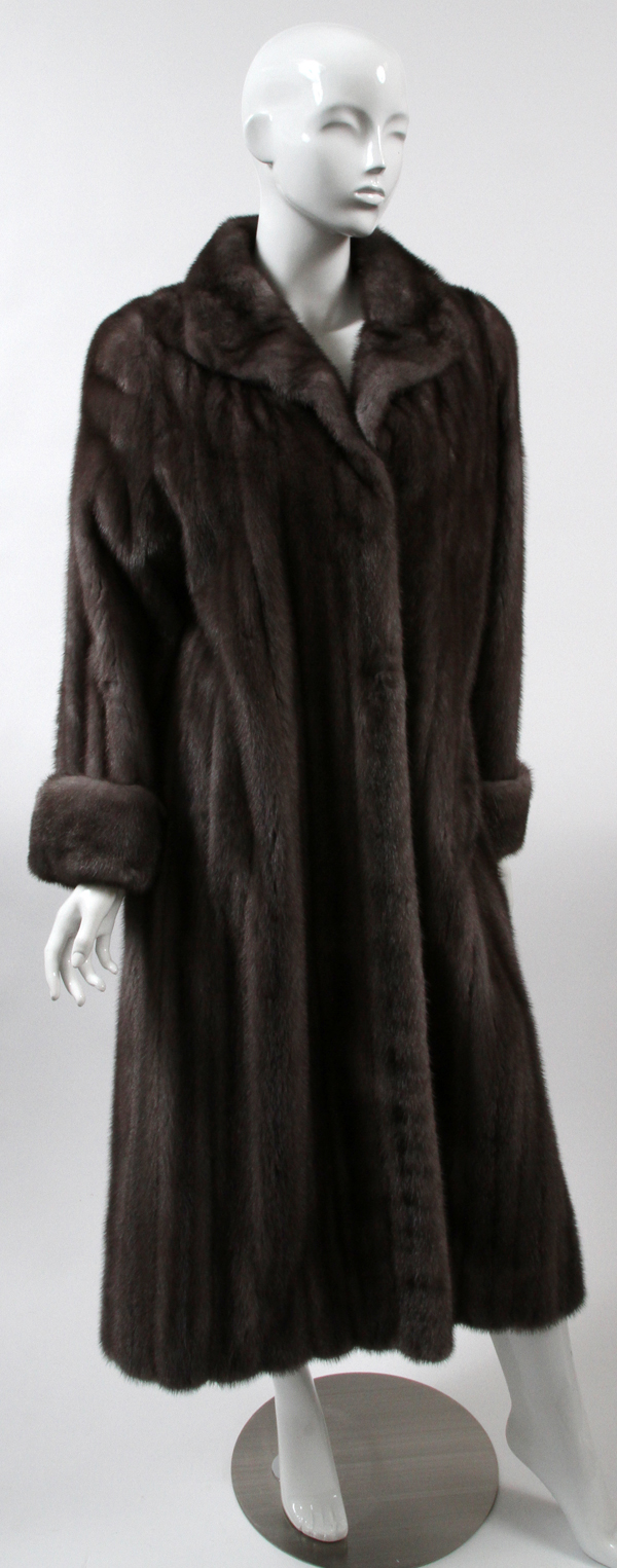 KAY ANOS FURS GRAY MINK FULL-LENGTH COAT: Size 14. Embroidered "Joan".