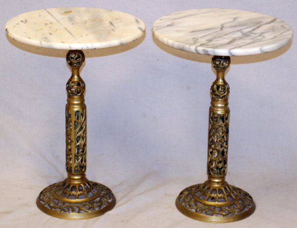 MARBLE AND GILT METAL PEDESTAL TABLES, PAIR, H 17", DIA 12": each having a pierced design of gilt