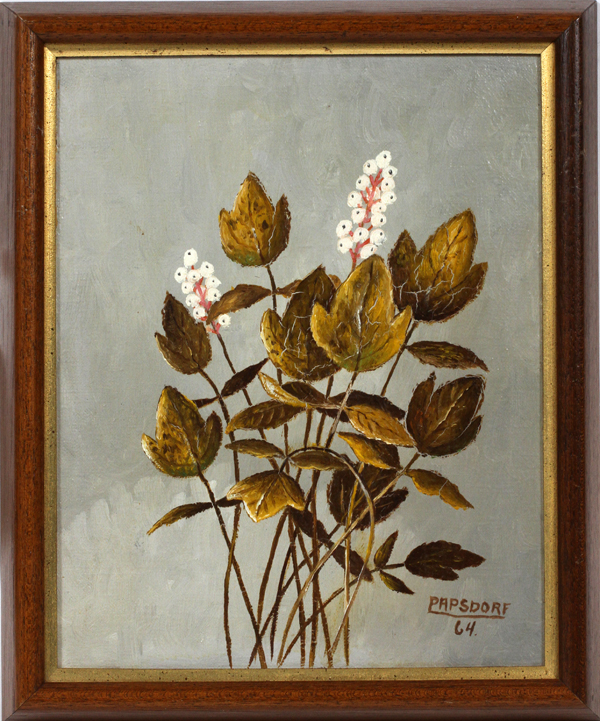 FRED PAPSDORF, OIL ON CANVAS H 10" W 8" WHITE BANEBERRY: Signed. Label from Little gallery,