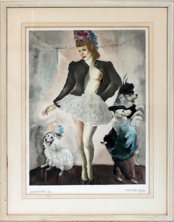 MARIETTE LUDIS SIGNED LITHOGRAPH H 26" L 20", "MUSIC HALL": Depicting a semi-nude cabaret dancer
