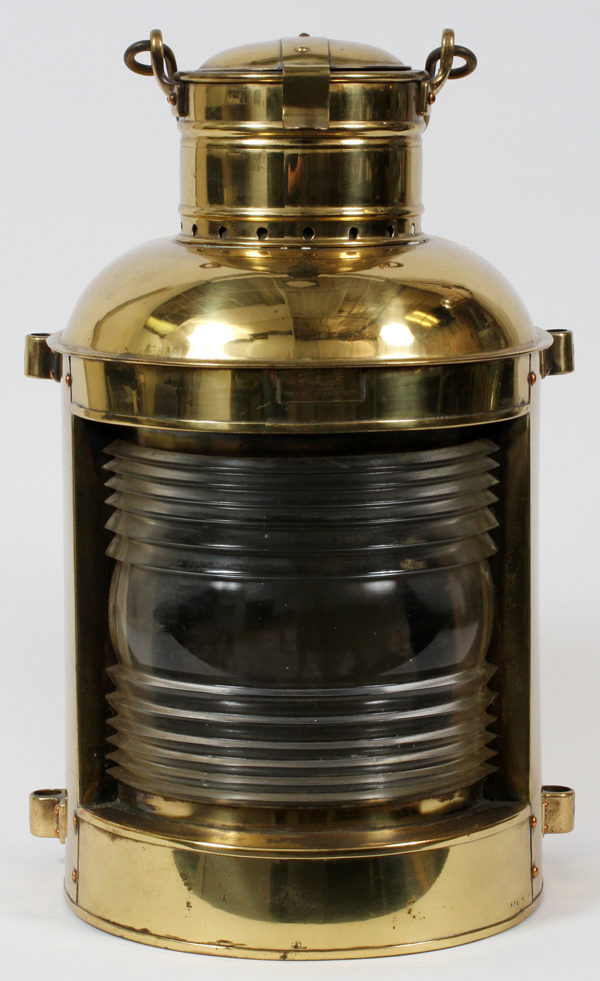 PERKO-PERKINS MARINE LAMP, BRASS SHIP`S LAMP H 18", 23" O/A: polished, bail handle and hinged cap,