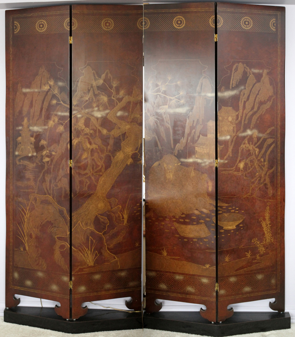 CHINESE FOUR PANEL FOLDING SCREEN ON BASES H 83" W 18" EACH: having Chinese motif with four