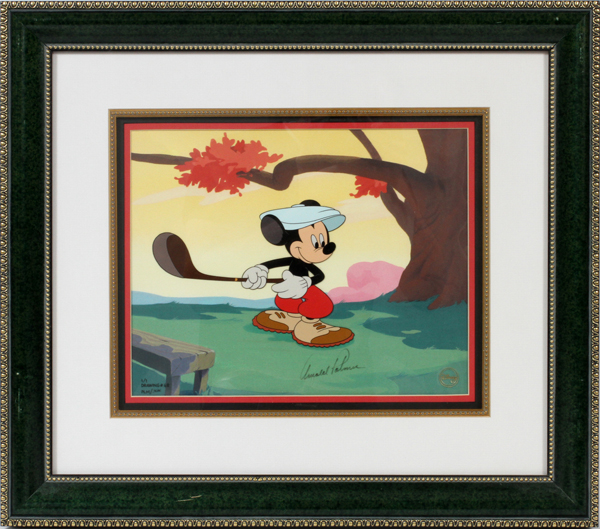 ARNOLD PALMER SIGNED, WALT DISNEY ANIMATION CEL, H 9", W 12", MICKEY MOUSE "A SWELL DAY FOR GOLF":