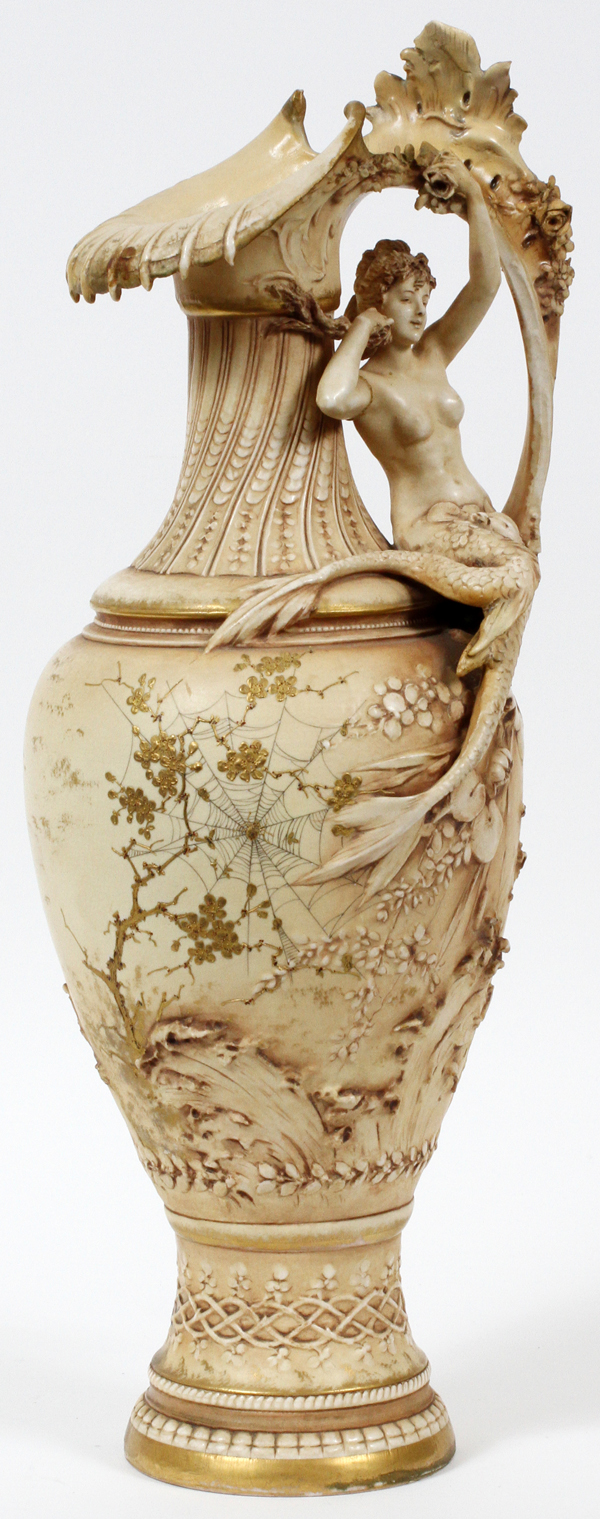 TEPLITZ ART POTTERY VASE H 19" "MERMAID": Raised gold decoration. Old repair to handle