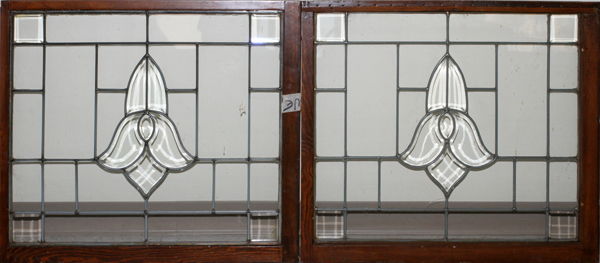 LEADED AND BEVEL GLASS WINDOWS PAIR H 29" W 33": having rectangular panes with stylized flower