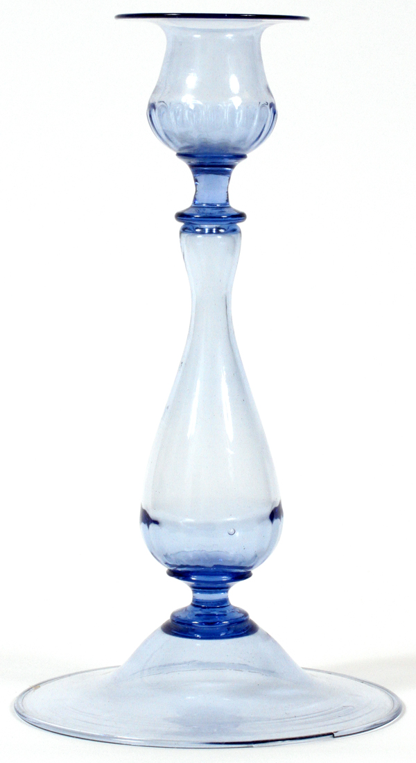 BLOWN GLASS CANDLE STICK, H 11": light blue hand blown glass candle stick, 11" H. tulip shape cup