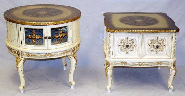 ITALIAN, CARVED LAMP TABLES, 2 PCS., H 22" & 25", W 24" SQUARE, DIA 24": two lamp tables one being a