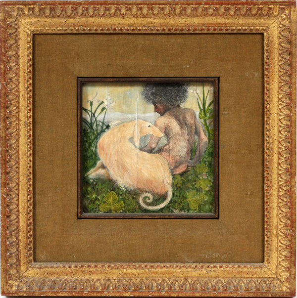 UNSIGNED, OIL ON BOARD, H 5.25", W 5.25" VIS, SEATED MAN WITH DOG: Hudson`s label #978 on verso