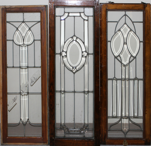 LEADED BEVEL GLASS WINDOWS C1900 3 PCS. H 46" & 47" W 15": three windows, two 46" H. x 15" W. one