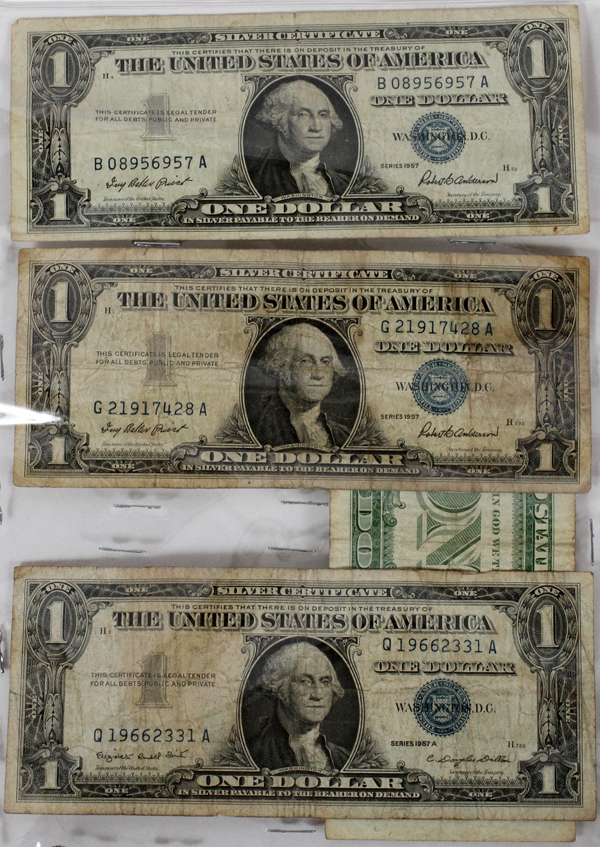 U.S $1. PAPER SILVER CERTIFICATES 1957,57A 4:-# B-08956957-A / # G-21917428-A / # P-78668418-A / #