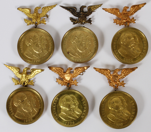 CLEVELAND HARRISON CAMPAIGN MEDALS 1888 3 SETS: Three pairs of matched 1888 Presidential campaign