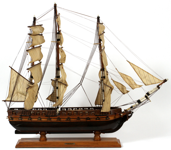 SHIP MODEL, H 30", L 34", D 5 1/2", "CONSTITUTION 1797": Having canvas sails, string rigging,